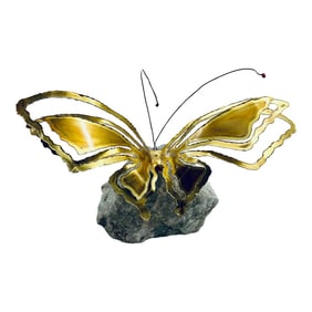 1960s Mid-Century Modern Brutalist Pierced Metal Butterfly on Granite