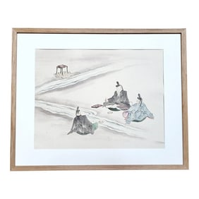 Antique Japanese Meiji Period Painting Depicting Renga Poetry - Framed