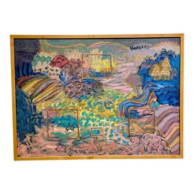Vintage 60s Molly Schiff Pastel Colorful Abstract Whimsical Landscape Oil Painting on Canvas