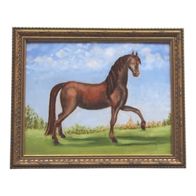 Horse in Landscape English Traditional Folk Art, Realism Brown, Blue, Green Original Oil Pianting by