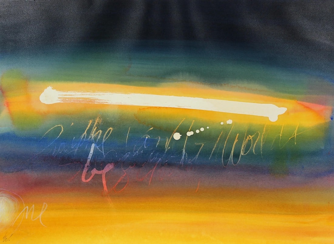 Colorful Abstracted Text Late 20th Century Watercolor: This late 20th century watercolor abstract is by Northern California artist Hugh Wiley (1922-2013). Wiley studied at the Pennsylvania Academy of the Fine Arts and in Mexico City under Carlos Merida. H