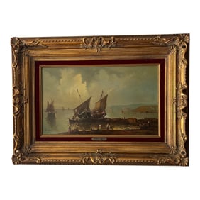 Oil on Canvas Framed Signed 20th Century Boats in the Harbour by Vincenzo Cencin