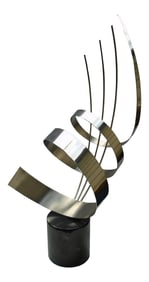 Curtis Jere Brushed Chrome Ribbon Sculpture on Marble Base, Signed and Dated