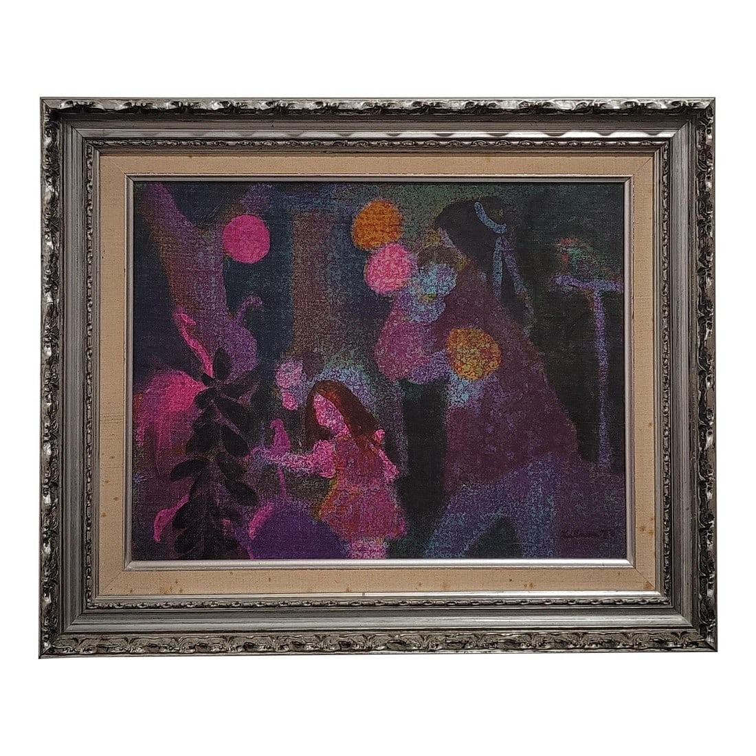 Gustav Likan Neo-Impressionism Mother With Children Acrylic Painting 1978: Brightly colored abstract painting of figures depicting mother and children at the zoo. Signed by the artist in the lower right corner and dated 1978. Gustav Likan, 1912 - 1998, was a croatian born ar
