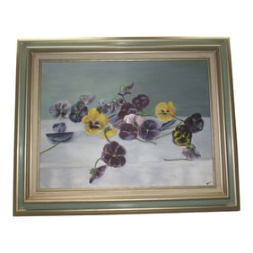 1950s Vintage Artist Signed Original Oil on Canvas Yellow and Purple Violets 31 X 25, Framed