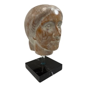 Vintage Sarreid Ltd. Carved Wooden Head Face Sculpture on Marble Base