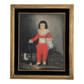 Canvas Oil Painting Rendition of "Red Boy" by Artist Gene Register in Gold and Black Velvet Frame