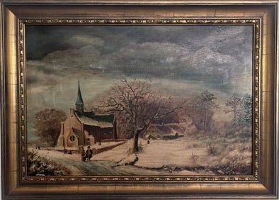Antique Dutch Style Signed Oil Painting on Board "“ Winter Landscape Genre Scene