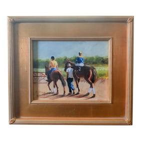 Late 20th Century Vintage Signed Horse Racing Scene Painting, Framed