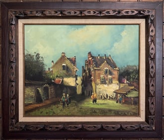 Mid 20th Century Dutch-Style Village Scene Original Oil Painting on Canvas, Signed | Framed Art