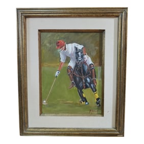 Late 20th Century Vintage Signed Polo Rider & Horse in Action Painting, Framed