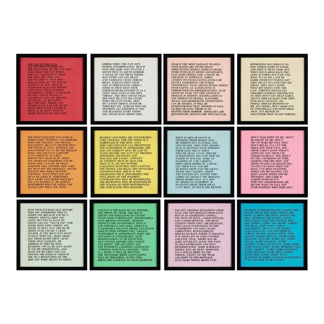 Jenny Holzer, Set of 12 Framed "Inflammatory Essays": A set of 12 framed offset lithographs of "Inflammatory Essays" (1982) by contemporary artist Jenny Holzer (b. 1950) . Each work measures 10 h Ã— 10 w unframed and 11 h x 11 w framed. Condit