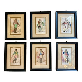 Mid 19th Century Set of 6 Antique Hand-Colored Lithographs of Napoleonic Generals in Military Costum