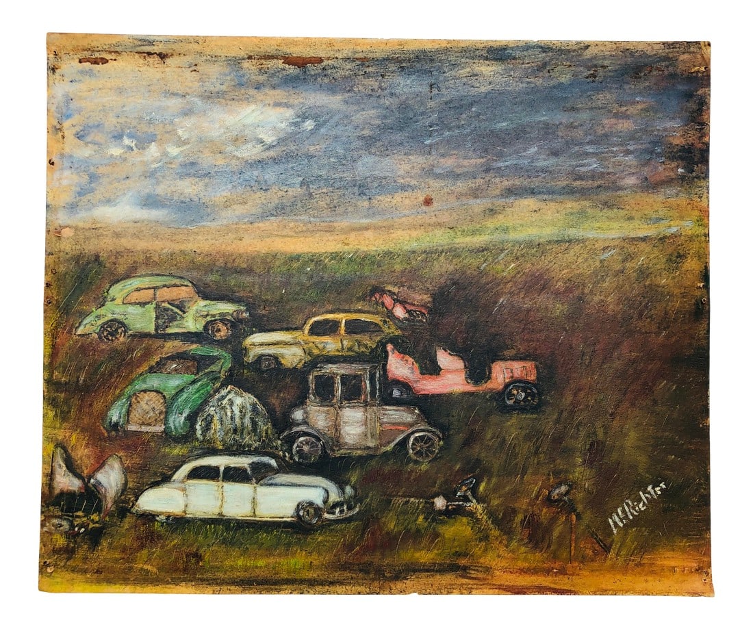 American Art Folk Painting Cars Automobiles C.1950 15x18 O/B (1 of 5)