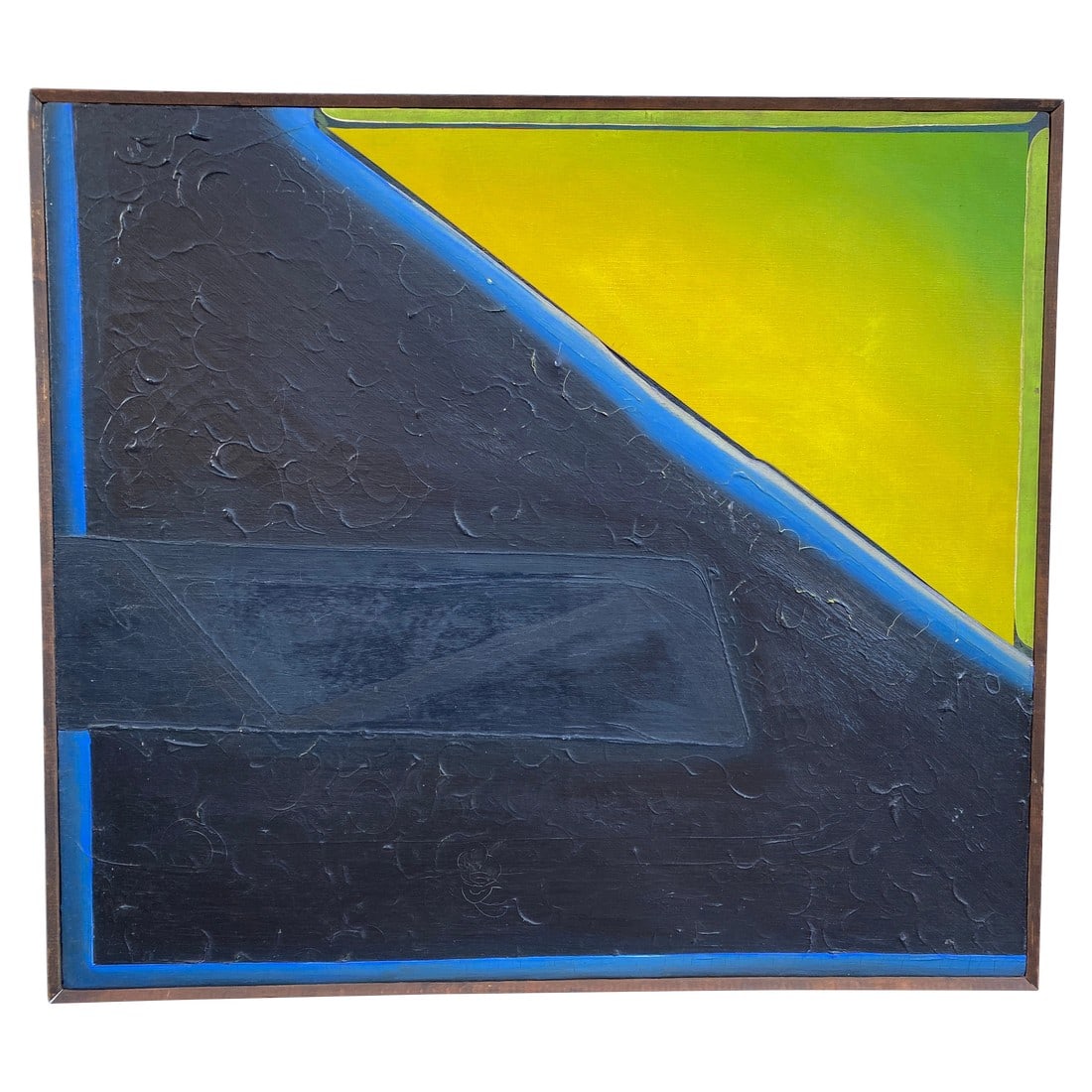 Walker "66 Abstract Expressionist Oil on Canvas: Framed abstract geometric oil on canvas in the manner of John Walker (B. 1939), with sophisticated construction of geometric shapes, pallette, and surface texture. Canvas measures 39" wide x 34 1/2" h