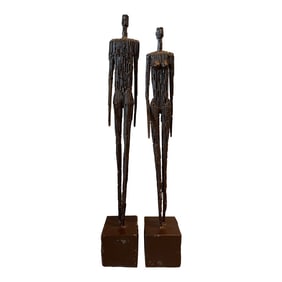 1980s Abstract Metal Nail Brutalist Male Female Figure Sculpture Set Alberto Giacometti Style