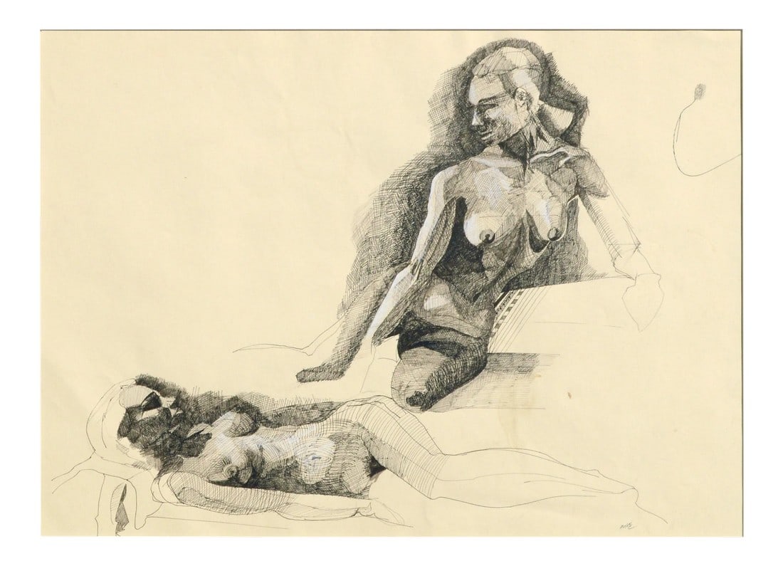 Michael William Eggleston Two Nudes Realism Pencil and Gouache on Paper circa 1980s: Elegant drawing of two nudes by Michael William Eggleston (American, 20th Century). Signed with the initials "MWE" in the lower right corner. Presented in an off-white mat. No frame. Image size: 18"H