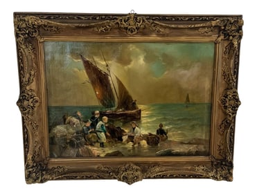 Antique Fishing Boat Near the Shore Maritime Painting, Framed
