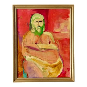 Late 20th Century Vintage Figural Male Oil Portrait Painting Framed, Studio Ghibli Style