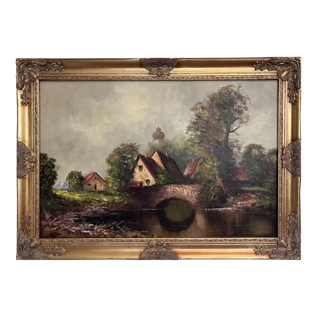 Late 20th Century C. Kern (German) Large Oil/Canvas Painting Landscape Bridge Trees Church Framed (1 of 11)