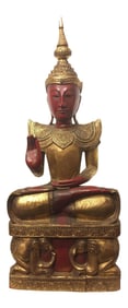 Early 20th Century Red Gold Hand-Carved Wooden Buddha