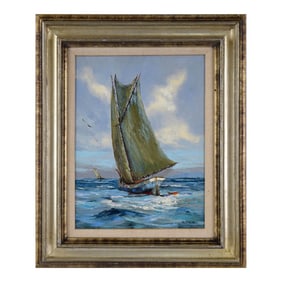 Sloop Headed Out to Sea - Seascape in Oil on Canvas