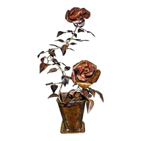 Vintage 1960's American Brutalist Welded Copper/Brass Roses in Flower Pot Sculpture