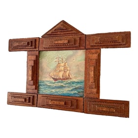 Late 19th Century Antique Tramp Art Framed Vintage Nautical Painting