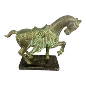 Mid 20th Century Vintage Green Bronze Tang Dynasty Style Prancing Horse Sculpture With Black Marble
