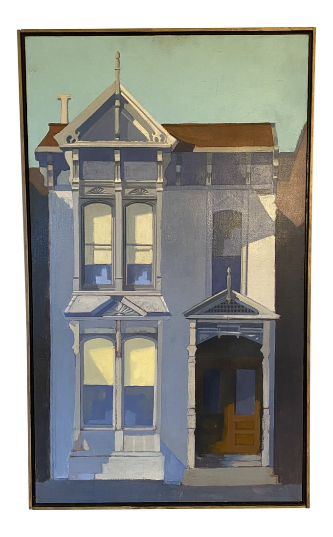 Mid 20th Century Modernist Style Victorian House Portrait Oil Painting, Framed: A classic midcentury oil painting of a Victorian home in the manner of Edward Hopper. Signed "Colun" on the bottom right. A pleasing subject matter expertly painted. Condition: Alterations: Original C