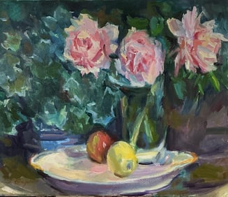 Contemporary Original Oil Painting, "Peonies on Antique Platter", by Julann Campbell