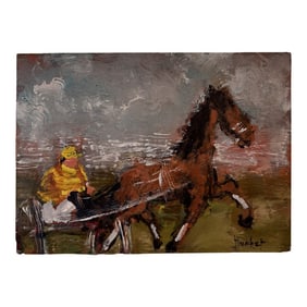 Original Equestrian Oil Painting Racetrack Horse Signed Huchet '” Paris Dedication 2011
