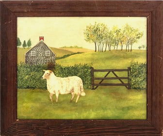 Folk Art Farm Scene With a Lamb, Oil on Canvas