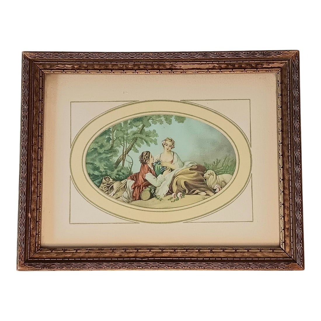 Francois Boucher "La Musette" Print Gokd Frame Mirror on Opposite Side: Francois Boucher "La Musette" Print Gokd Frame Mirror on Opposite Side Approximately 9" X 7" Weighs approximately 1 pound Does not have a bracket to mount on wall. Easel not included. Good vintage con