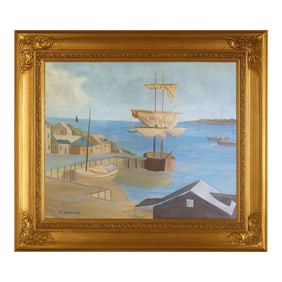 W. Markovich Harbor Scene, Mid-Century American Oil on Board, Coastal Seascape