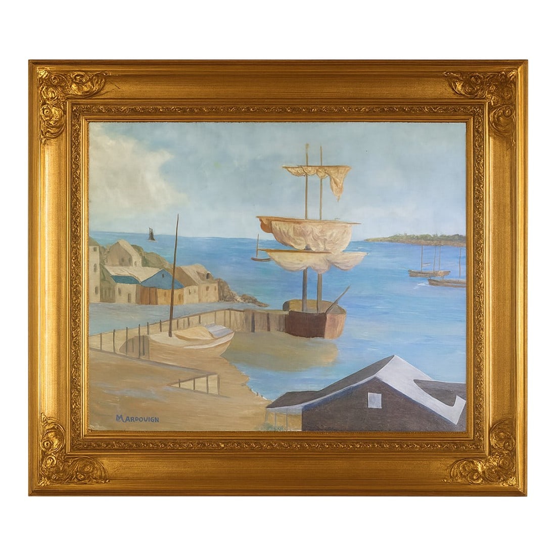 W. Markovich Harbor Scene, Mid-Century American Oil on Board, Coastal Seascape (1 of 7)