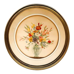 Vintage Mid Century Round Floral Still Life Art Print & Gilded Wood Frame