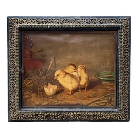 Victorian Brass Framed Triptych Mirror With "Just Hatched" Oil Paintings