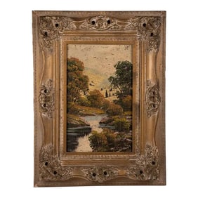 Mid 20th Century Signed Fall Landscape Oil Painting in Ornate Gilt Frame