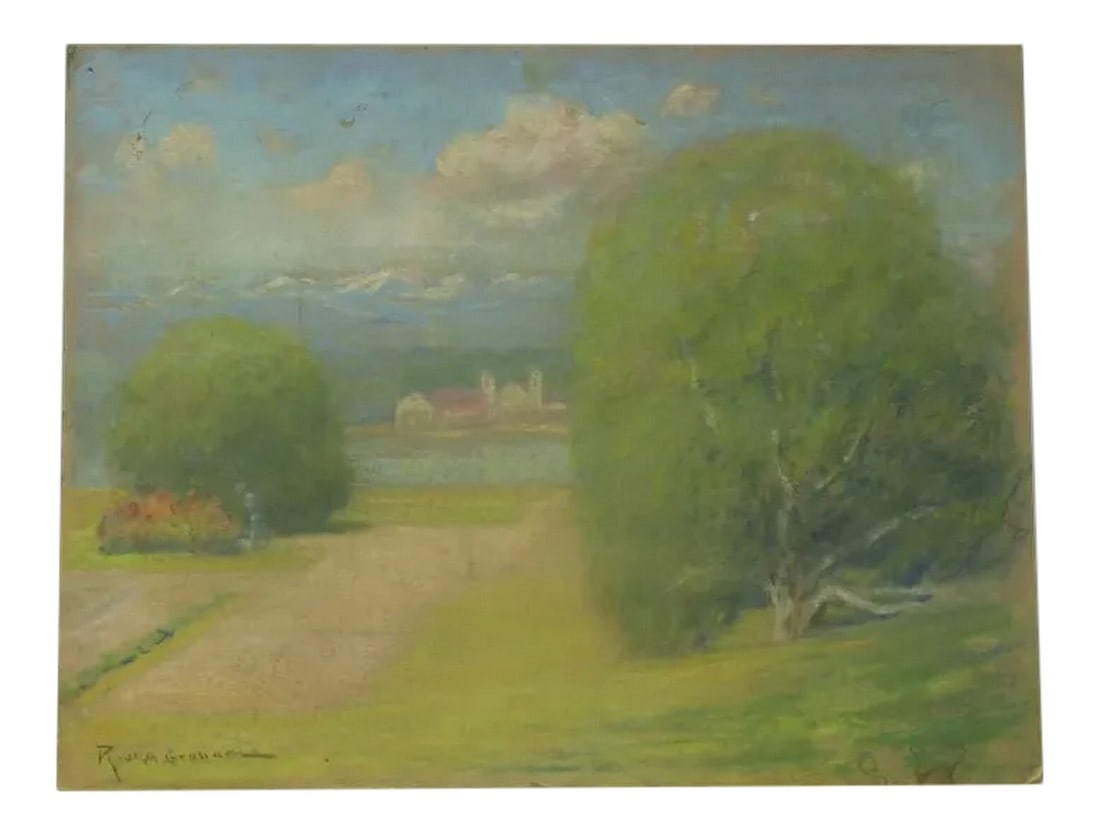 Mid 20th Century Landscape Pastel Drawing by Robert Alexander Graham: Pastel by Alexander Graham with no frame. Landscaped scene with building in the background. Signed lower left. Born in Brooklyn, IA on June 29, 1873. Graham studied at the AIC, ASL in NYC, and with Tw