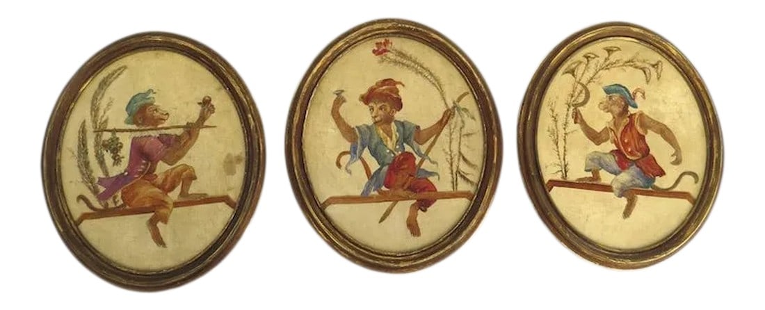 Early 20th Century Set of Three Oval Paintings "Singerie" Depicting Monkeys Imitating Human (1 of 7)