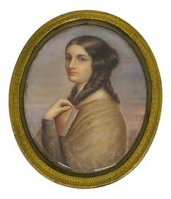 19th Century "Woman Holding a Book" Miniature Portrait Painting, Framed