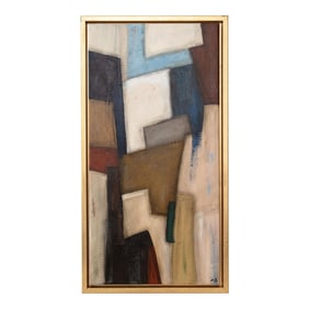 Tall Vertical Original Abstract Painting on Canvas in Gold Frame