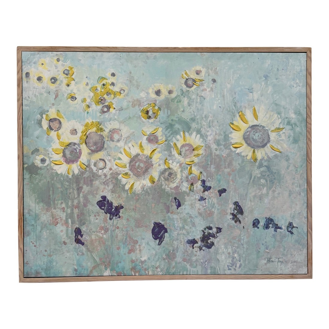 1990s Flower Abstract Mixed-Media Painting: Abstract wild flower painting with soft blue, robin's egg, and yellow touches. Mounted in a white washed frame. A beautiful piece of art to admire. Signed my artist Condition: Alterations: Original Co