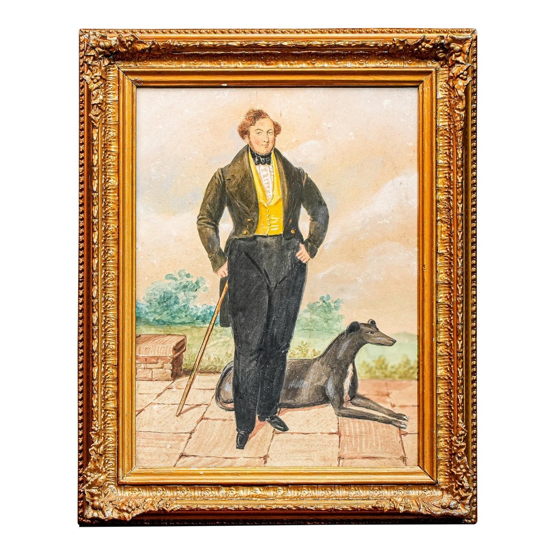 Amazing Antique English School Portrait Gouache Watercolor Painting of Aristocratic Man With Dog Fra (1 of 15)