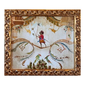 French Chinoiserie Singerie Style Oil on Wood Monkey Scene Painting in Gilt Frame