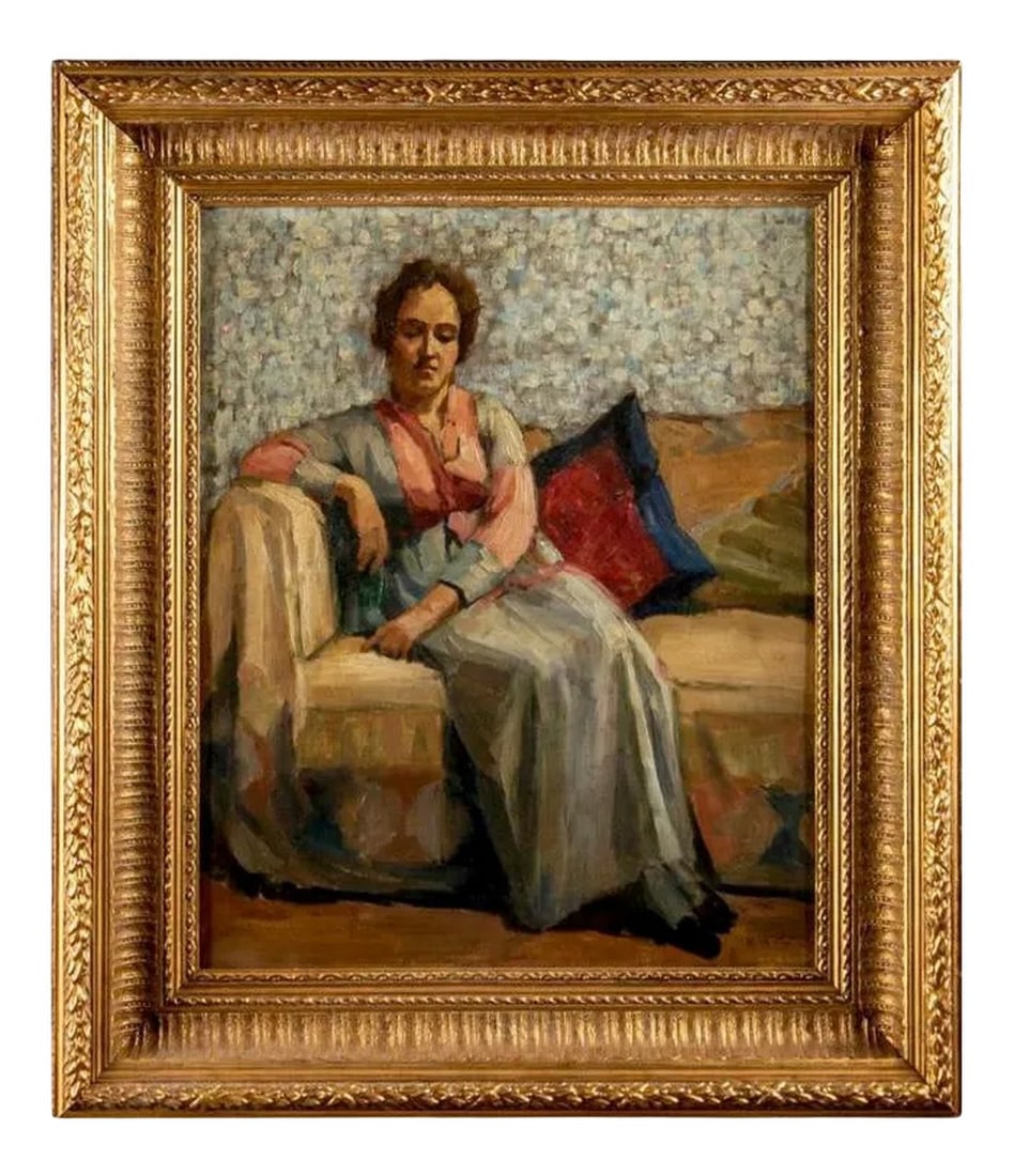 Early 20th Century Portrait Oil Painting by William McGregor Paxton, Framed: William McGregor Paxton (American, 1869-1941) Oil On Canvas, Portrait Of A Lady.Signed W. M. Paxton lower right. An impressionist style portrait of a middle aged lady wearing a long pale blue dress an
