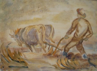 1940s Watercolor Painting Farmer in Field Wpa Style