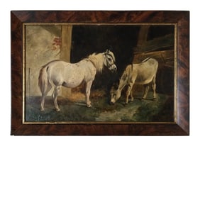 Late 19th Century Stable Scene Oil Painting on Board, Framed