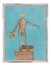 1962 Modernist Map Man on Musical Score with Blue Field Dated Collage Art